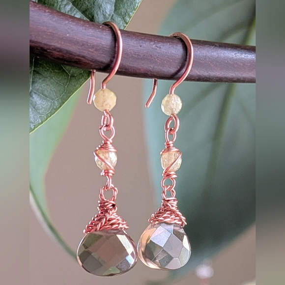 Smokey Quartz Earrings Green Garnet Accents Dangle Drop Artisan Handmade - Picture 4 of 12